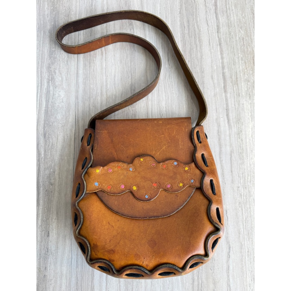 Vintage Brown Leather Floral Tooled Shoulder Bag Boho Folk Art Prairie Purse